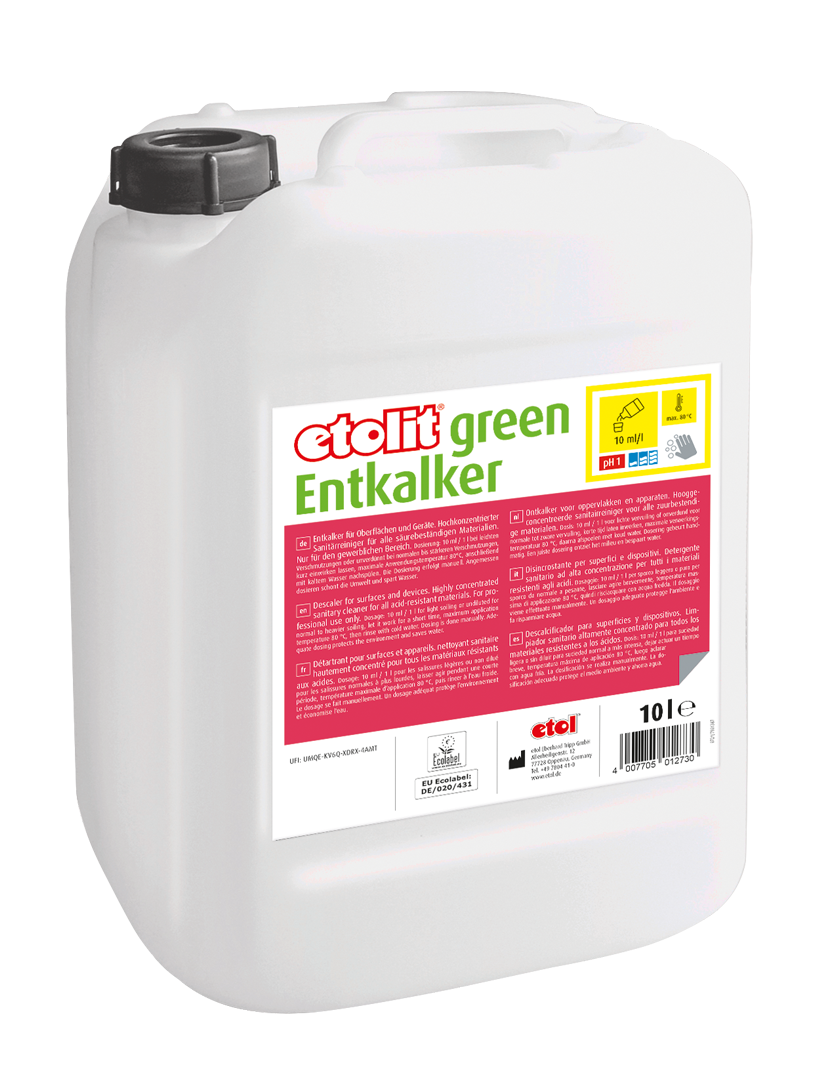 etolit green Entkalker 10l  – Entkalkungsmittel für Oberflächen und Geräte, hochkonzentrierter Sanitärreiniger, sauer etolit green Entkalker 10l  – Entkalkungsmittel für Oberflächen und Geräte, hochkonzentrierter Sanitärreiniger, sauer