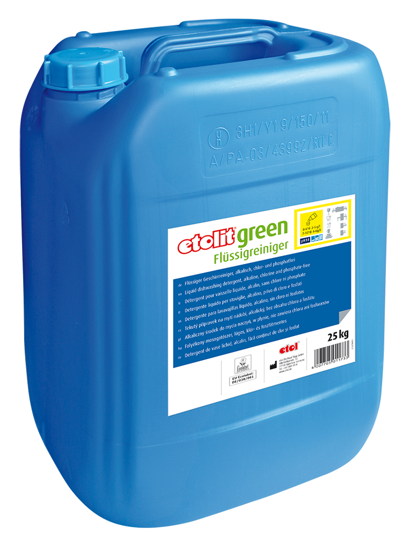 etolit green Flüssigreiniger 25kg – Flüssiger Geschirrreiniger, alkalisch, chlor- und phosphatfrei etolit green Flüssigreiniger 25kg – Flüssiger Geschirrreiniger, alkalisch, chlor- und phosphatfrei