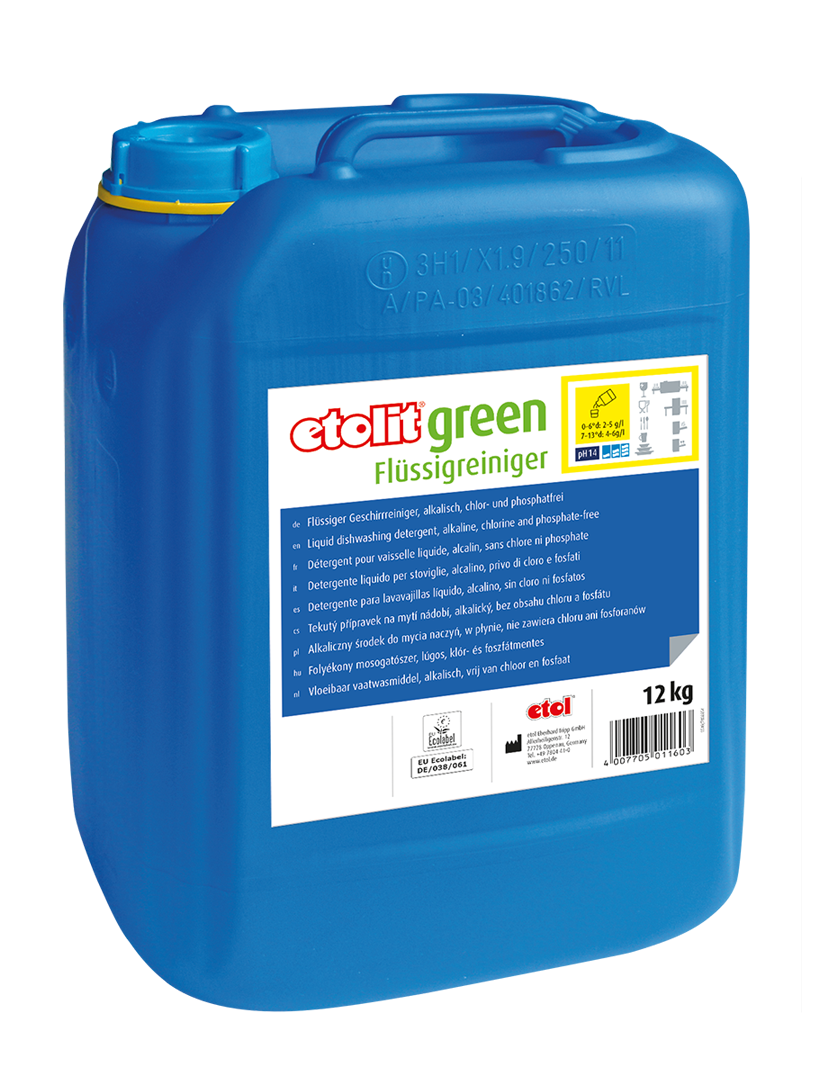 etolit green Flüssigreiniger 12kg – Flüssiger Geschirrreiniger, alkalisch, chlor- und phosphatfrei etolit green Flüssigreiniger 12kg – Flüssiger Geschirrreiniger, alkalisch, chlor- und phosphatfrei