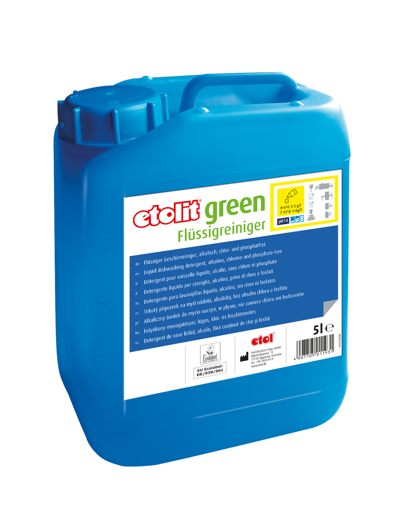etolit green Flüssigreiniger 5l – Flüssiger Geschirrreiniger, alkalisch, chlor- und phosphatfrei etolit green Flüssigreiniger 5l – Flüssiger Geschirrreiniger, alkalisch, chlor- und phosphatfrei